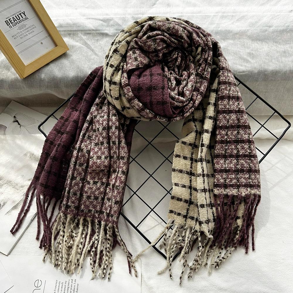 Soft waxy and thick plaid imitation cashmere scarf for women, warm fringed shawl in winter, couple scarf tide