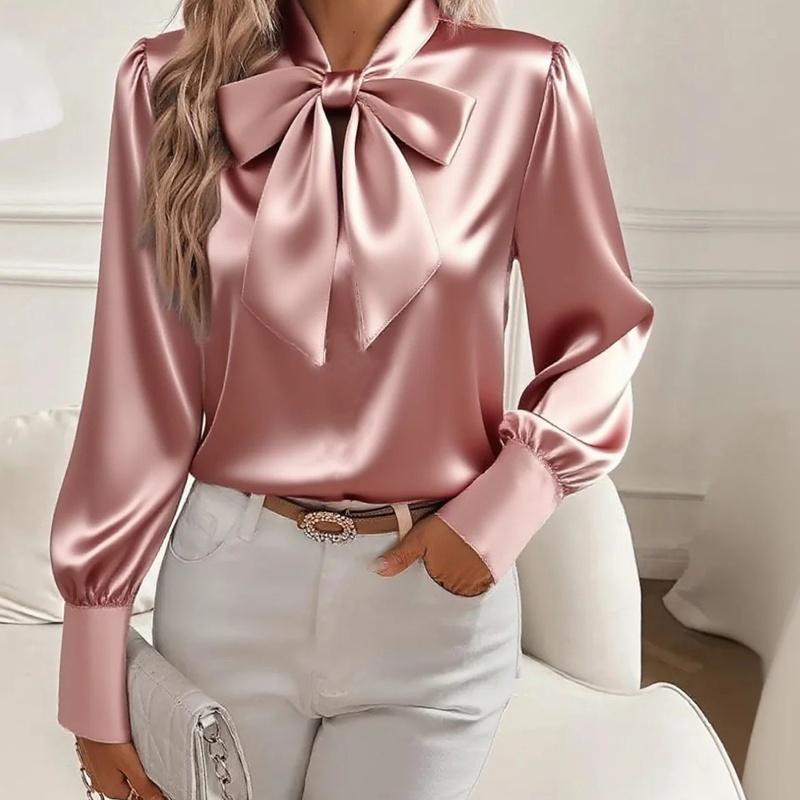 Women's Satin Blouse Long Sleeve Bow Tie Neck Elegant Office Shirt Dressy Top