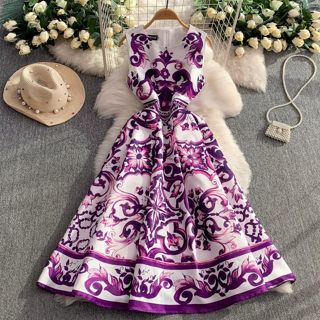 Summer Vintage Designer Print Blue White Porcelain Runway Dress Women Fashion Sleeveless Tank Midi Party Dresses