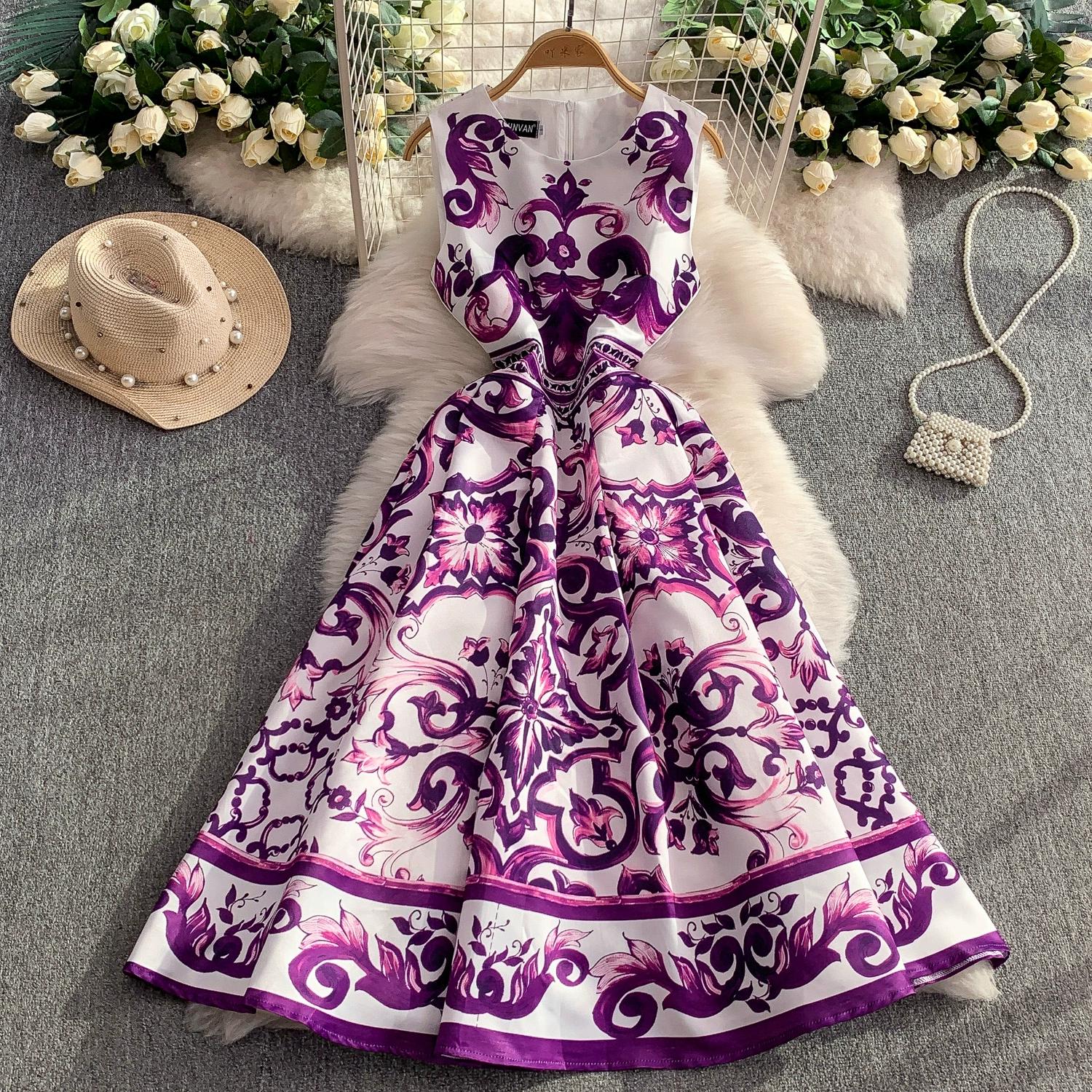 

Летнее винтажное дизайнерское платье с принтом, сине-белый фарфор, подиумное, женская мода, без рукавов, майка, миди, вечерние платья XXL фиолетовый