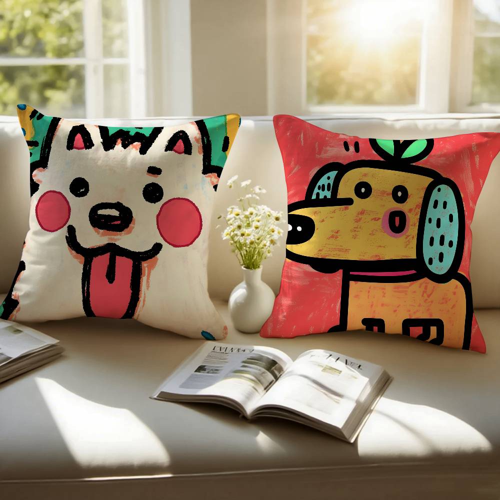 Cute Color Dogs Pillow Case Sofa and Living Room Decorative Cushion Covers Dust-proof and Mite-proof Invisible Zipper