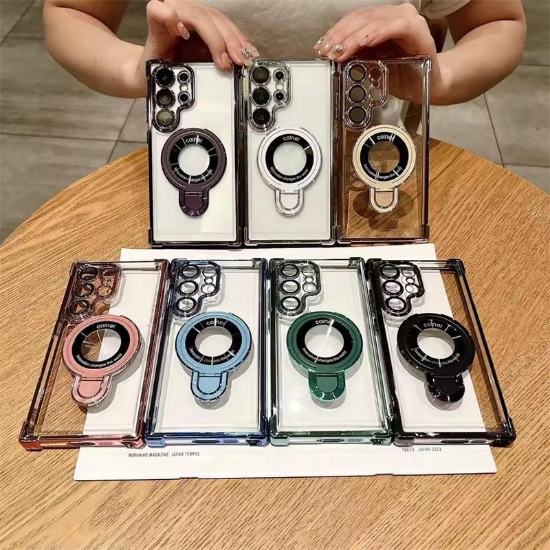 Magnetic for Magsafe Clear Phone Case For Samsung Galaxy S25 S24 S23 S22 Ultra Plus S22 Ring Holder Stand Wireless Charge Cover