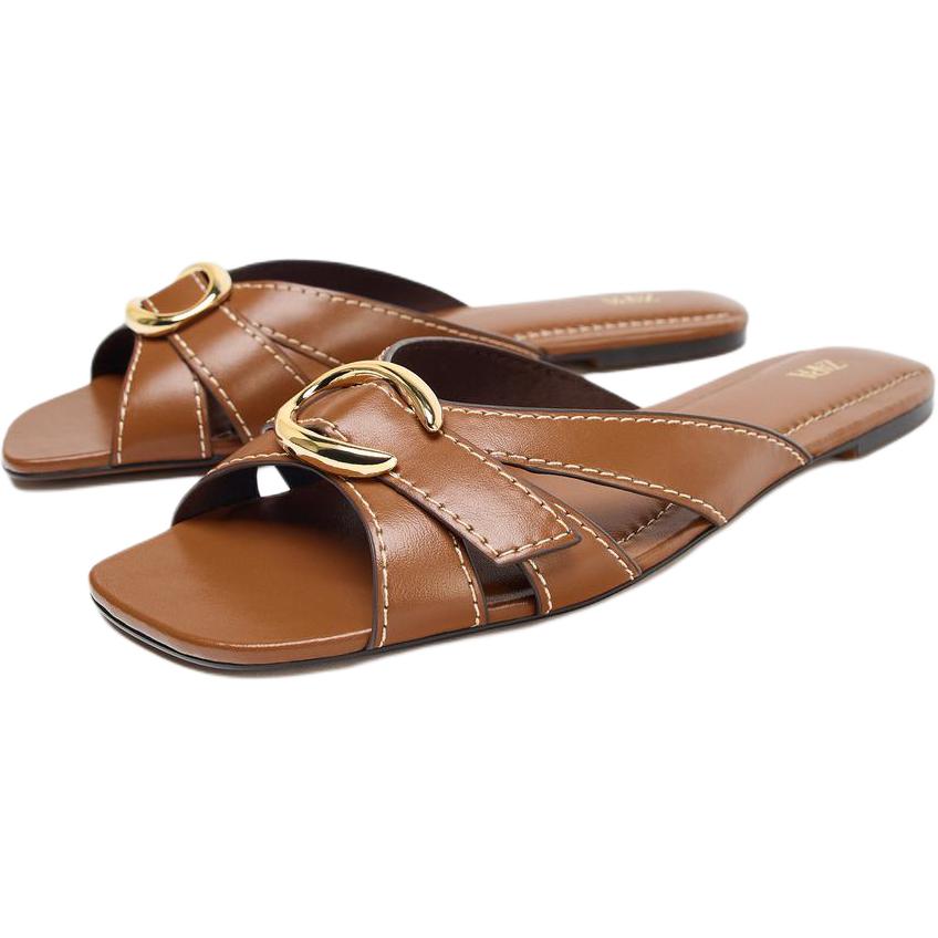 ZARA Buckle Detail Leather Flat Slides Brown Womens 1264861010537 35