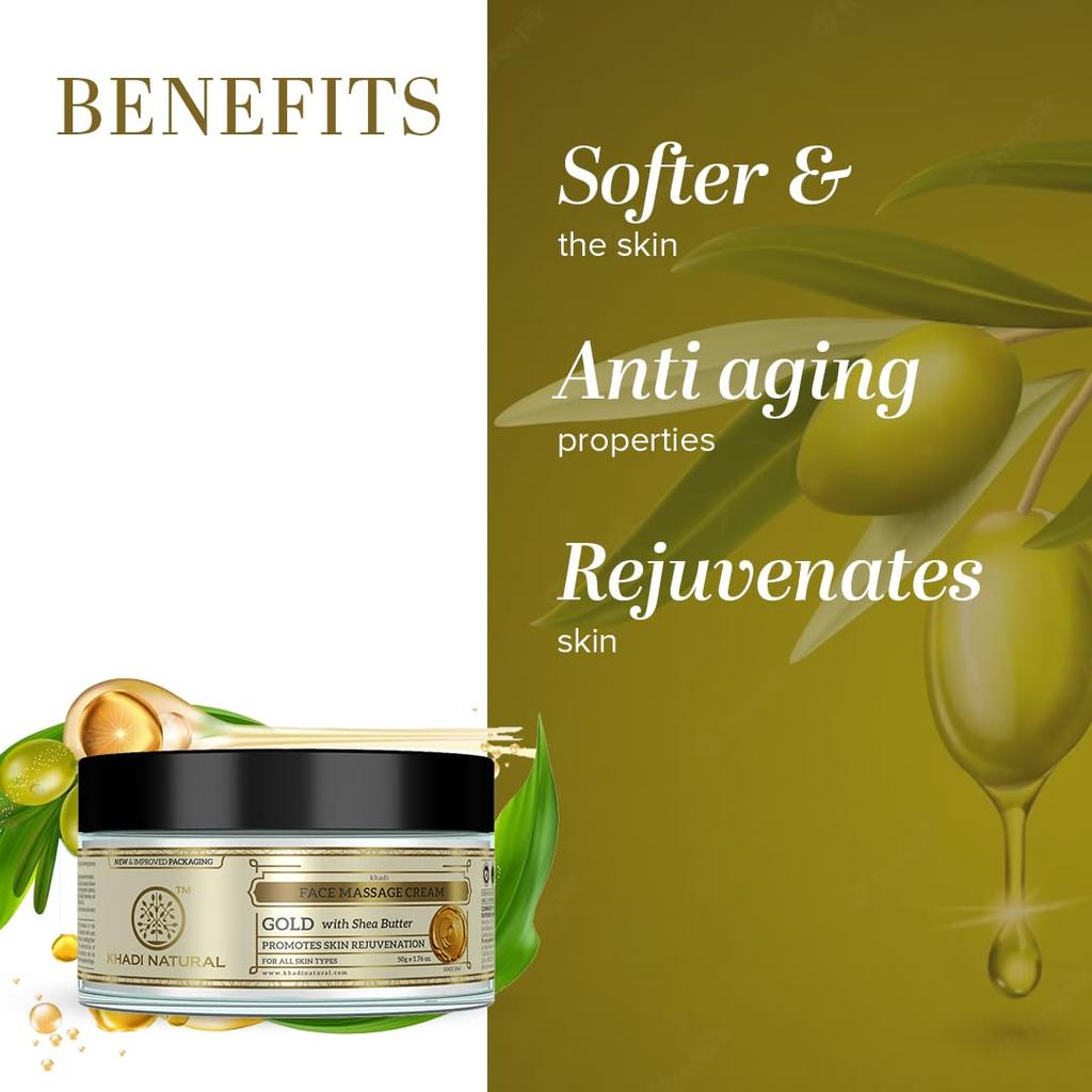 Khadi Natural Gold Herbal Facial Massage Cream 50 g With Shea Butter For Nourishing Glow And Home Facial Care