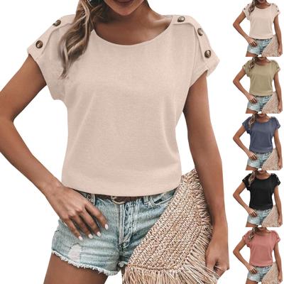 Women's Fashion New Round Neck Color Button Short Sleeve Top