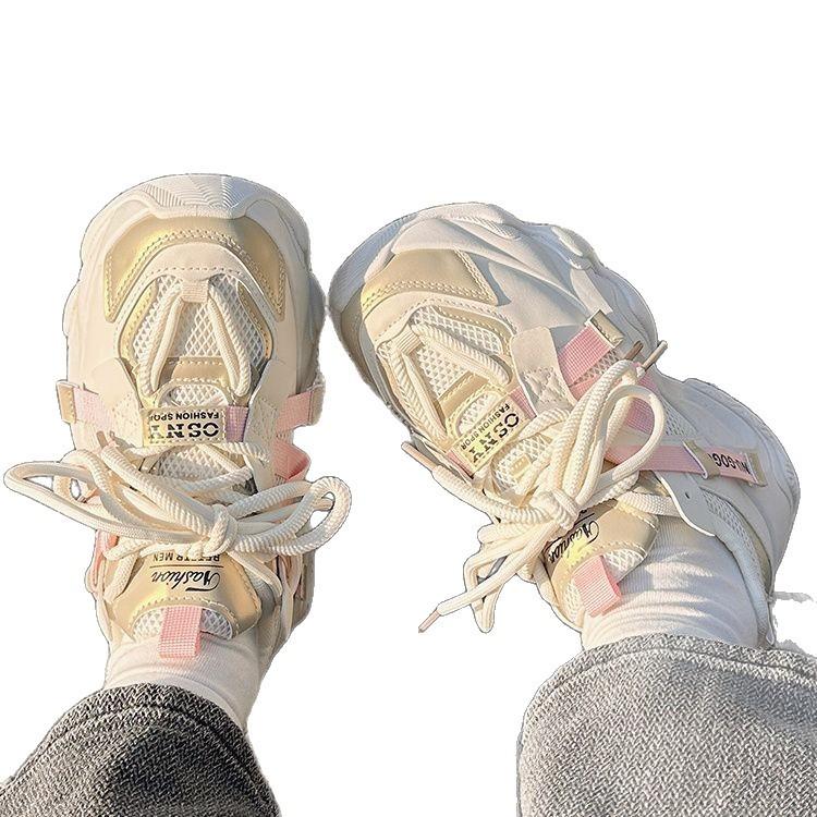 Pink Versatile Dad Shoes Heightening Little White Shoes Platform Mesh Fashion Board Shoes 2025 Summer Casual Sports Shoes