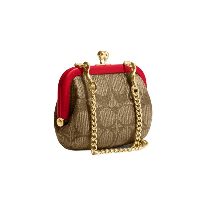 New COACH Kisslock Canvas With Leather Shoulder Bag, Crossbody Bag, Card Holder, Wallet Mini Women's Red & Brown CH520-IMVGQ