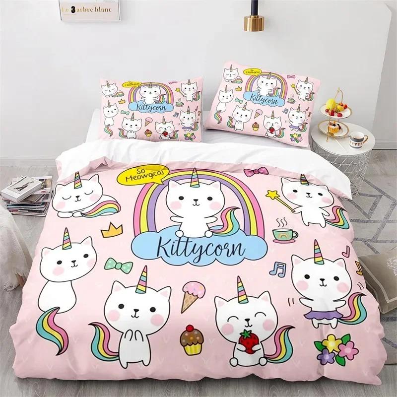 Kids Unicorn Duvet Cover Twin Cartoon Magical Animal Bedding Set Microfiber Cute Rainbow Cat Comforter Cover For Girls Teen Gift