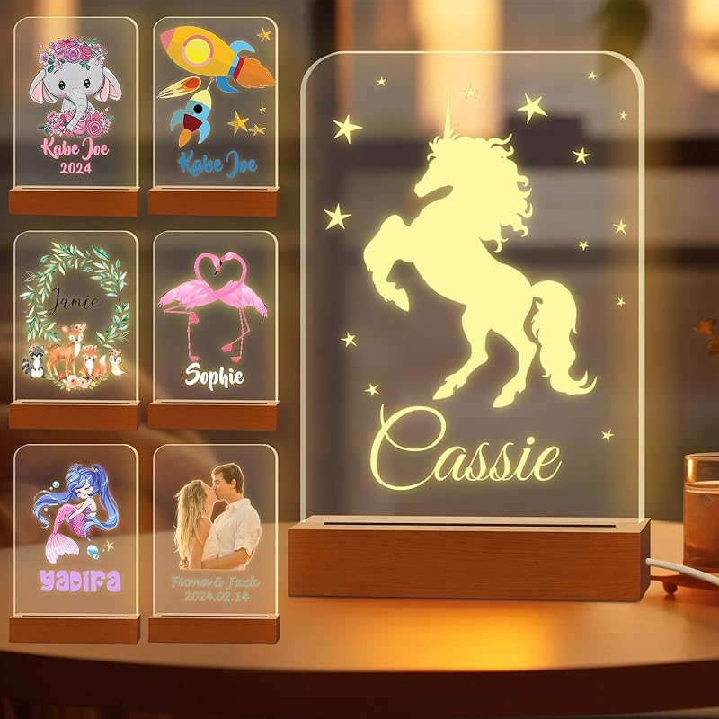 Personalized Night Light for Kids Custom Engraved Name Acrylic LED Lights with Wood Base for Nursery Bedroom Decor Night Lamp, Customized Birthday