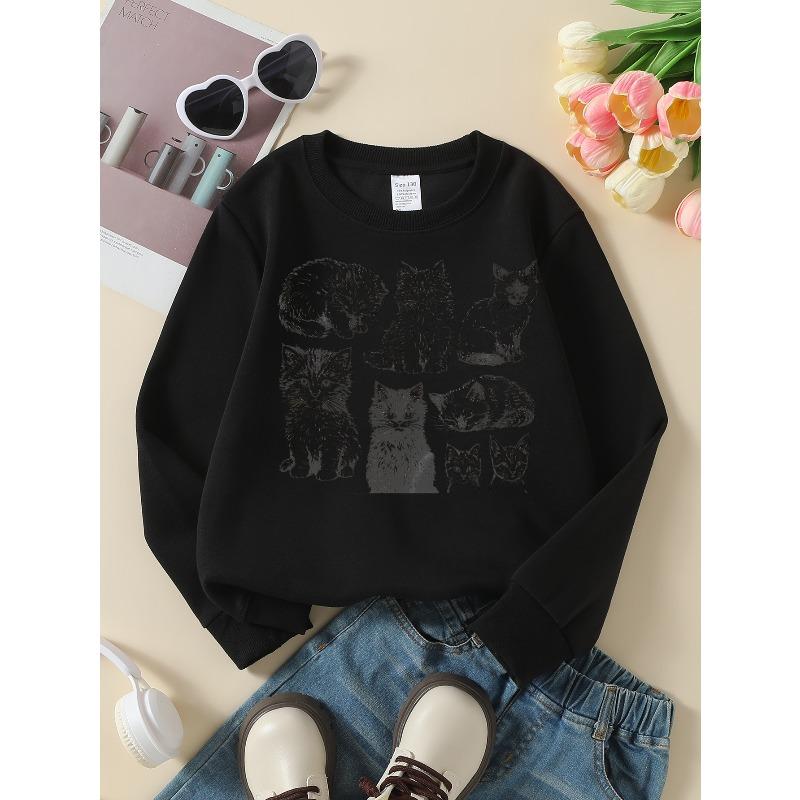 Girls' Crewneck Sweatshirt Cute Kitten Black And White Print Machine Washable, Spring And Autumn, Sportswear And Casual Wear