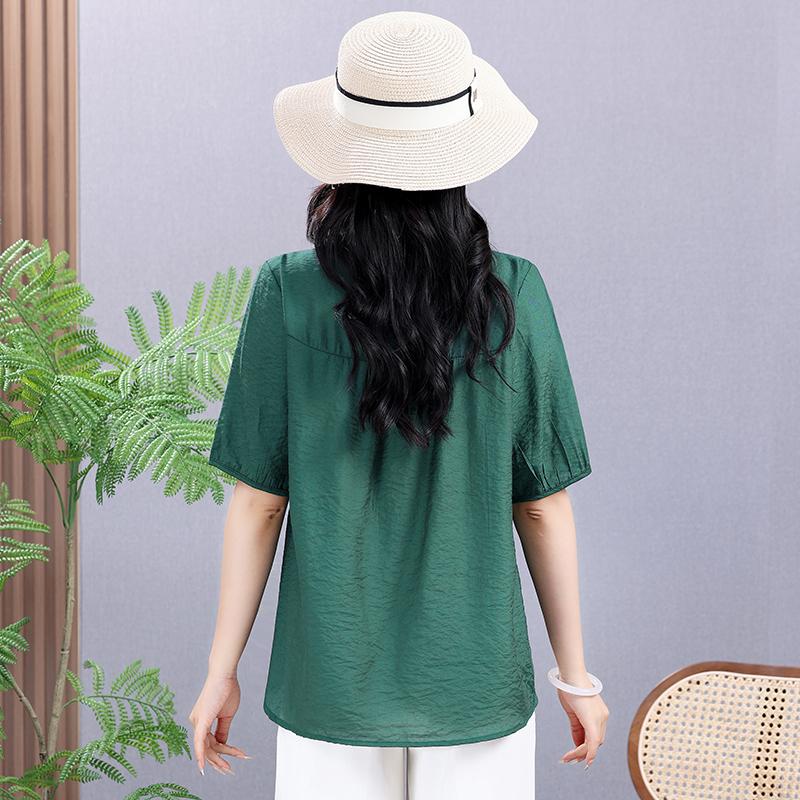 Sommer Elastisches T-Shirt Massive Baumwolle Hanf Damenbekleidung Kurzarm V-Ausschnitt Übergröße Stickerei Retro Lose Vielseitige Oberteile
