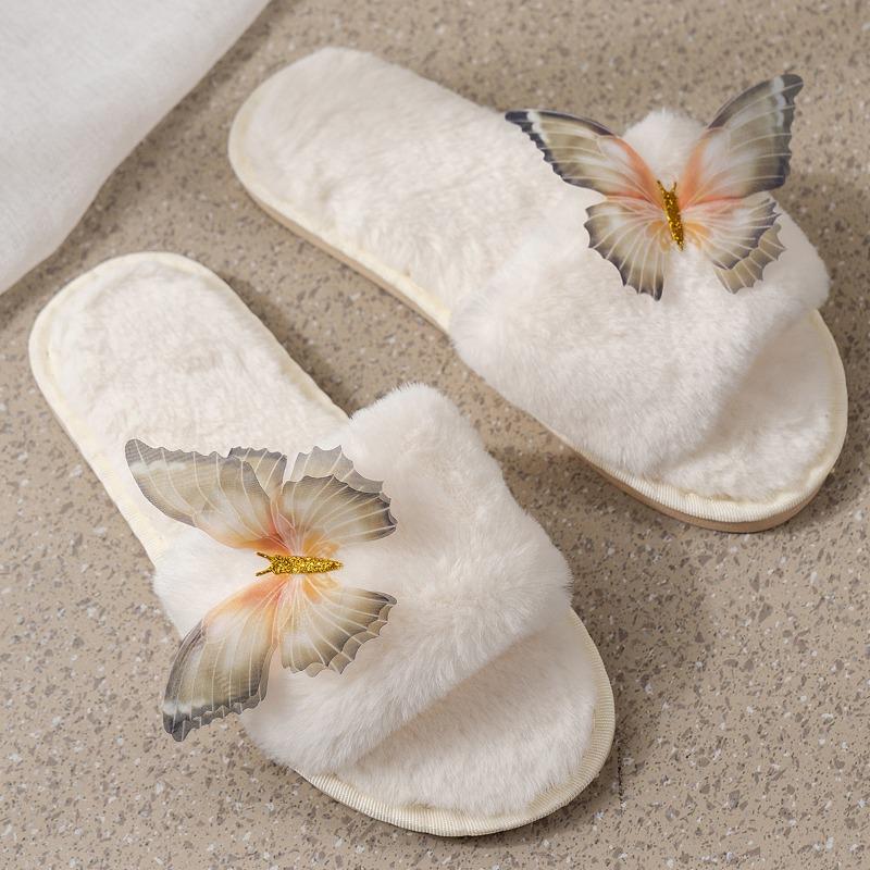Fashion Hot-selling fashionable Plush Cotton Slippers 2025 Winter New Butterfly Indoor Home Warm Flat Bottom Non-slip Slippers
