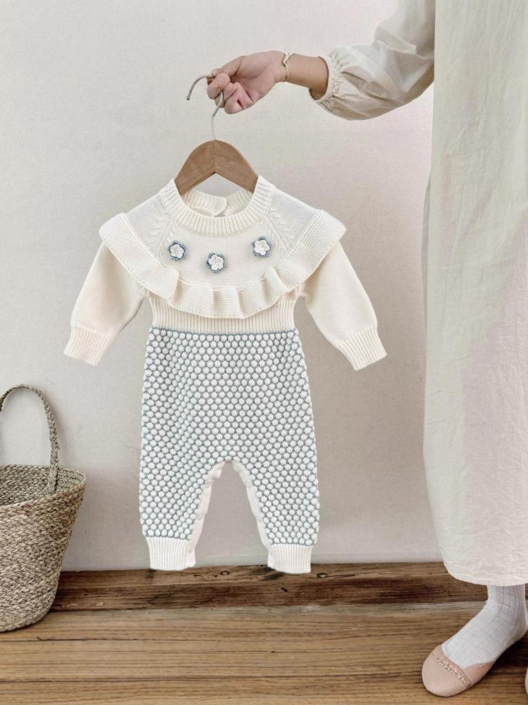 Handgemachter Baumwoll-Häkel-Blumen-Bubble-Romper für Säuglings- und Kleinkindmädchen - Herbst/Frühling