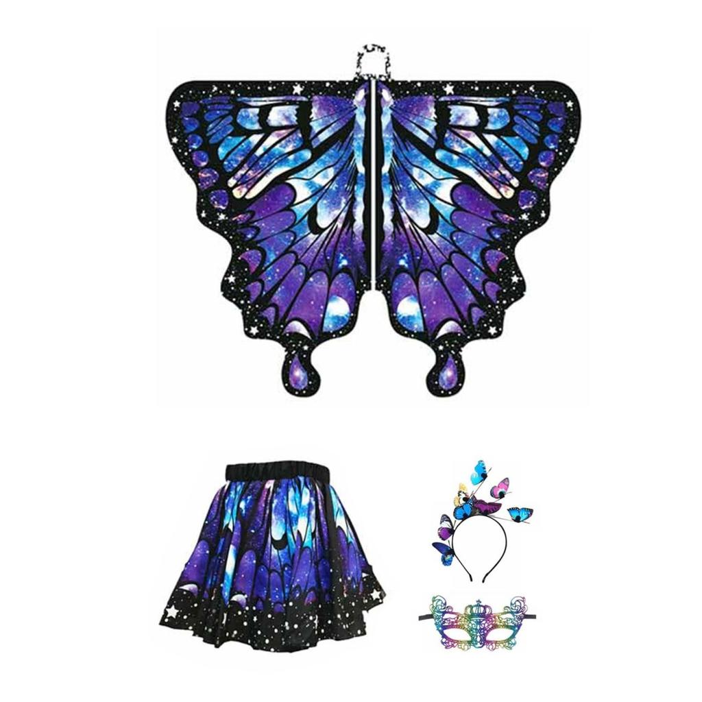 Schmetterlingsumhang für Kinder, Performance, Cosplay, buntes Feenflügel-Kostüm mit flatternden Ärmeln, mehrlagigem Saum, Karnevalsrock, Halloween-Stirnband, Maske