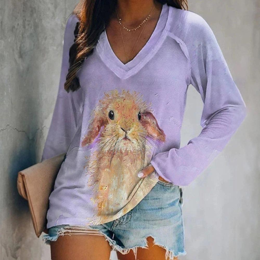 

New Fashionable Retro 3D Cute Rabbit Printed Women s V-neck Long sleeved T-shirt S