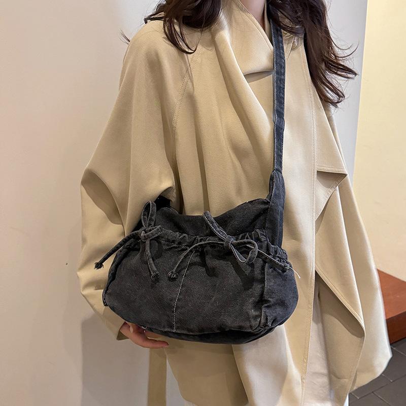 Vintage Bow Washed Denim Shoulder Bags for Women Versatile Large Capacity Ladies Crossbody Bag Lightweight Casual Tote Handbag