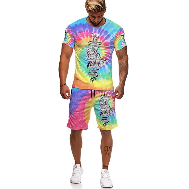 3D Jesus Loves Everyone Křesťanské tričko Léto Pánský oblek Krátký rukáv Šortky Lion Cross Print Streetwear 2 kusy Activewear