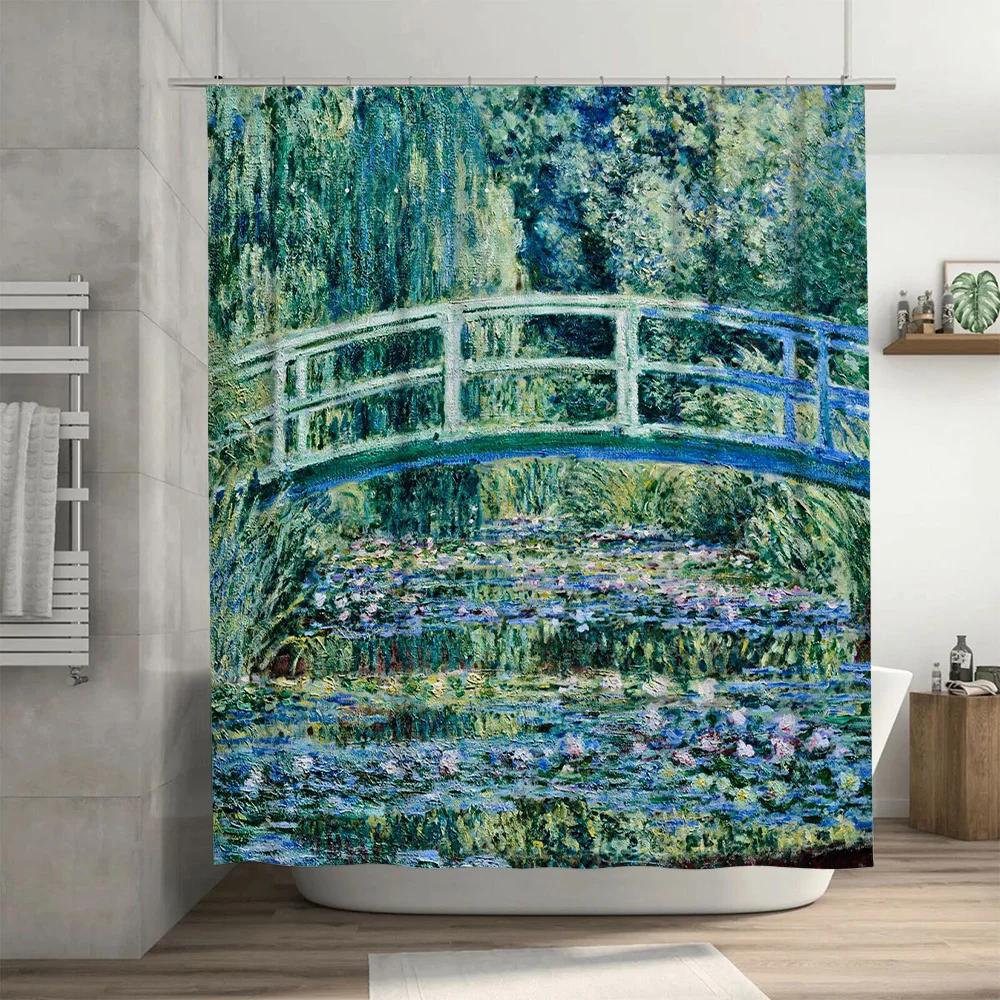 Artystyczna Zasłona Prysznicowa Ogród Wodny Wysokiej Jakości Design Niebieskiego Mostu do Dekoracji Łazienki