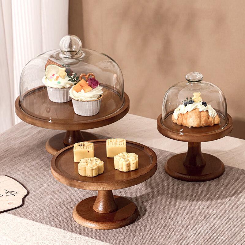Walnut High-footed Wooden Cake Tray with Glass Lid