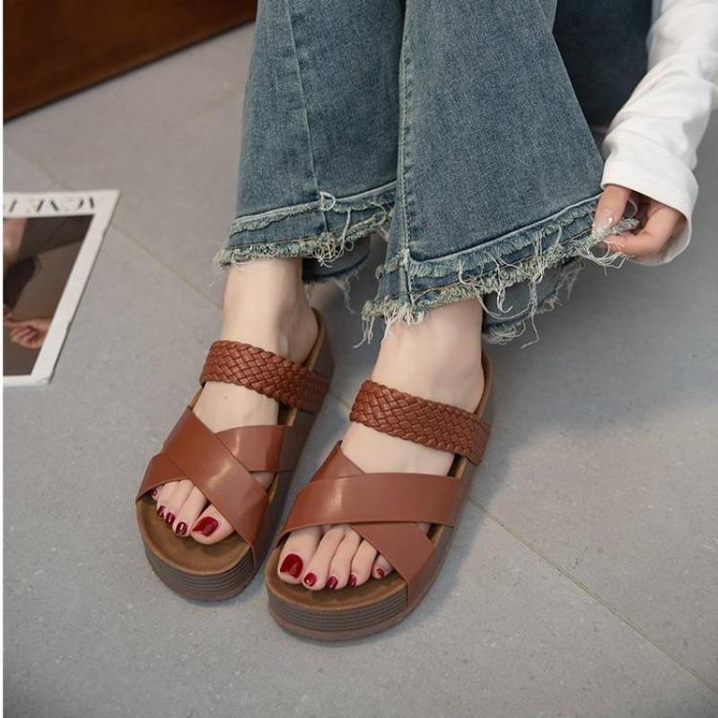 Mode Damen Hausschuhe Übergröße Retro Römische Sandalen PU Lässig Blume Keilabsatz Plateau Sandalen