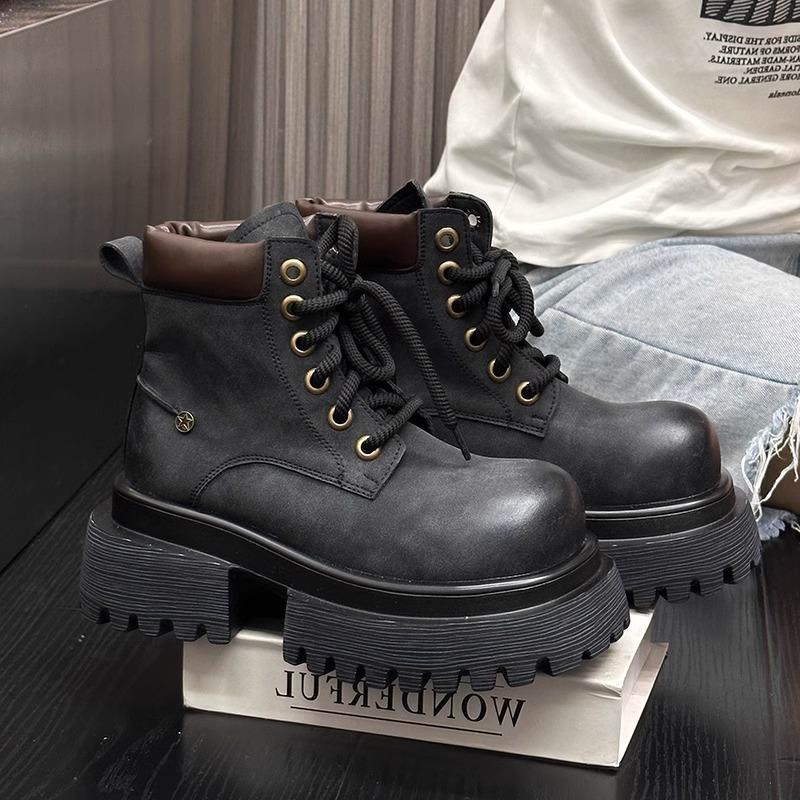 Retro Polished Leather Lace-up Platform Locomotive Martin Boots Women's British Style Big Head Thick Heel Heightening Short Boots Big Yellow Boots