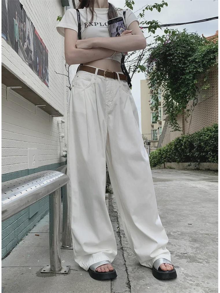 White High-Waist Loose Straight Leg Denim Trousers for Women - Summer 2024 Collection