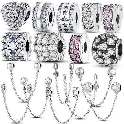 S925 Sterling Sliver Clasp CZ Pave Clip Charm Spacer  Daisy  Bead Stopper Clip Fit Original   Bracelet Jewelry Clip