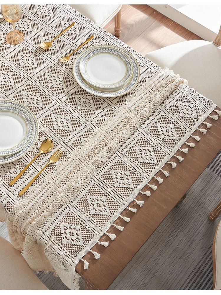 Retro Crochet Desktop Set, Countryside Style Hollow Tassel Tablecloth, Beige Fresh Square Tablecloth, Desktop, Wedding, Long Table, Dressing Table