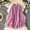 Summer Women Elegant Ruffles Mesh Elstic Waist Long Midi Cake Skirt