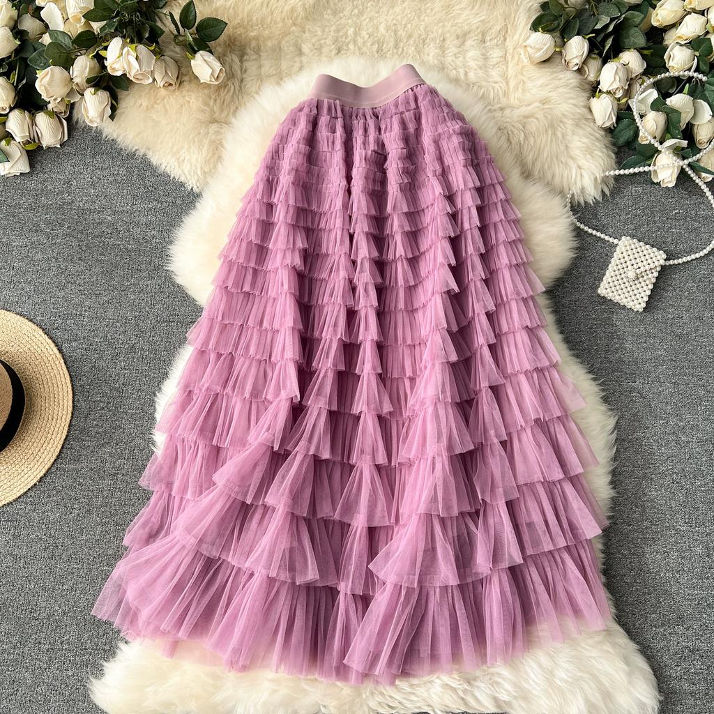 Summer Women Elegant Ruffles Mesh Elstic Waist Long Midi Cake Skirt