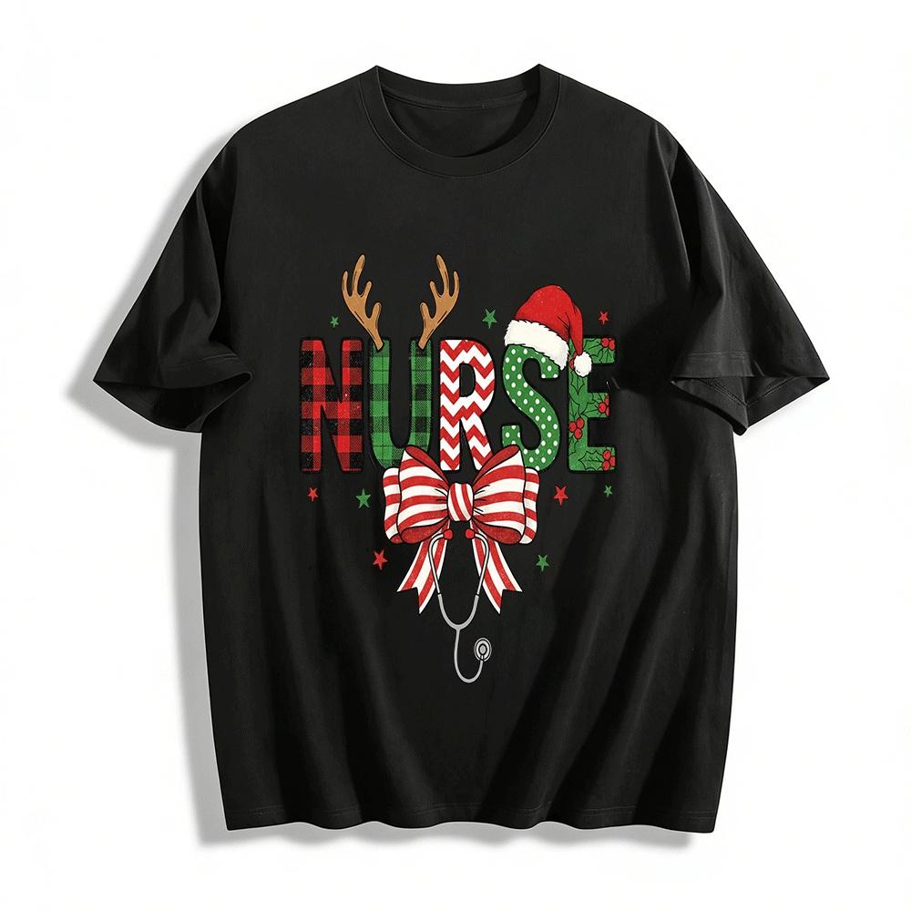 Christmas Nurse Print Top Festive Medical Worker Casual T-Shirt Pure cotton T-shirt XXS