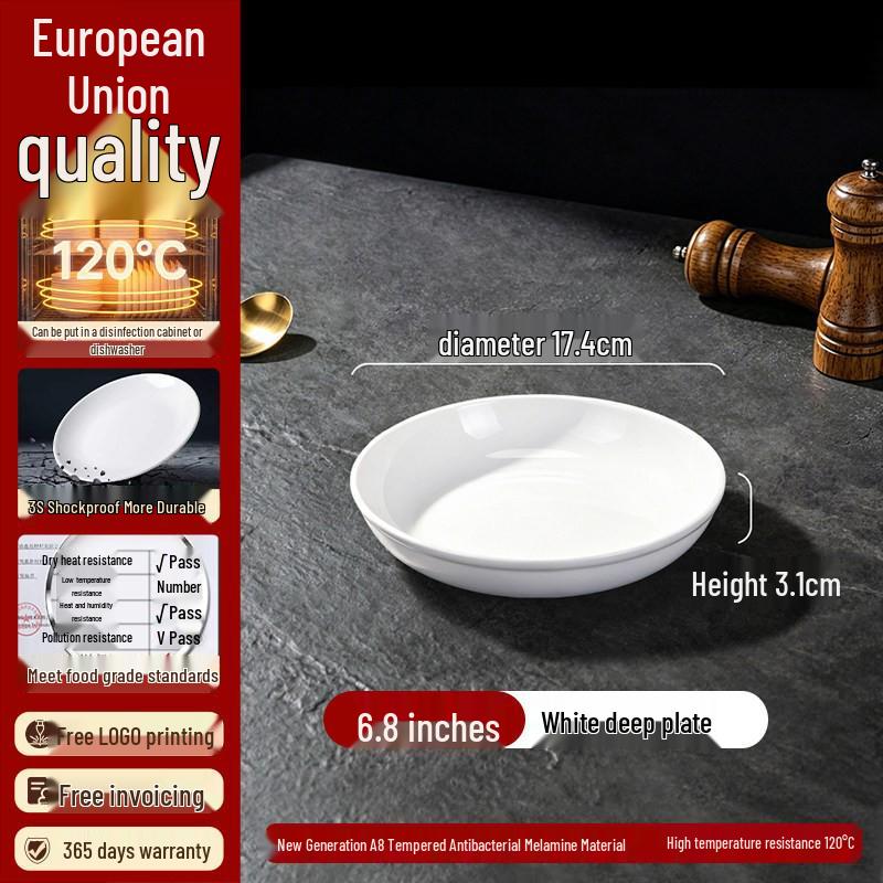 High-End Restaurant-Quality White Melamine Round Plates – Imitation Porcelain Buffet, Fast Food, and Rice Bowl Plates