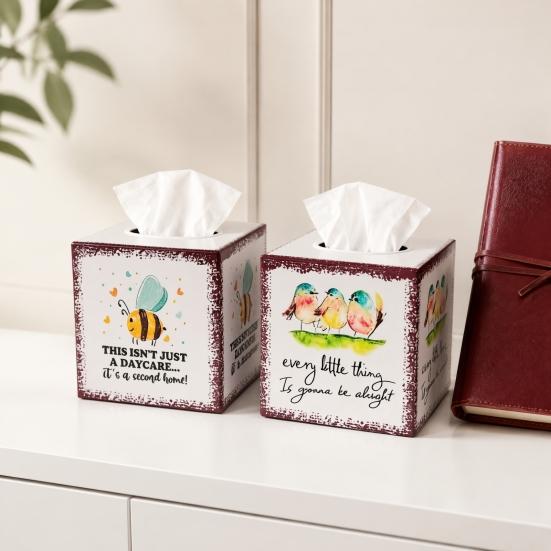 Cute Watercolor Animal Art Organizer Iron Square Tissue Box, Bee And Bird Print Decorative Storage for Cafe Breakfast Holder, Pastoral