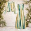 Women Plus Size Abstract Printed Two Piece Set Round Neck Long Sleeve Cropped Cardigan Sleeveless Midi Dress