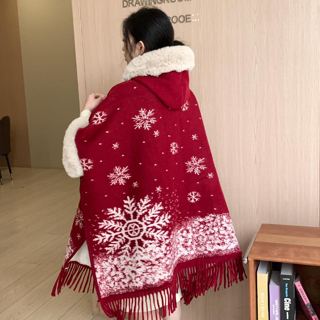 Damen Kapuzenmantel mit Kragen aus Kunstotterfell – Schneeflocken-Jacquard Winteroberbekleidung