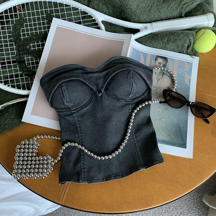 Trendiges Retro-Farben-Denim-Bandeau mit einem Träger: Damen Cooles & Vielseitiges Cropped Top Sommer 2026