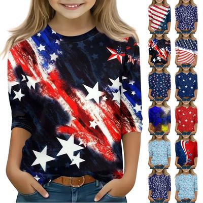 Print Tops For Youth Girls 3-10 Years Round Neck 3/4 Sleeves T-Shirts Trendy Tops Outfit Tees