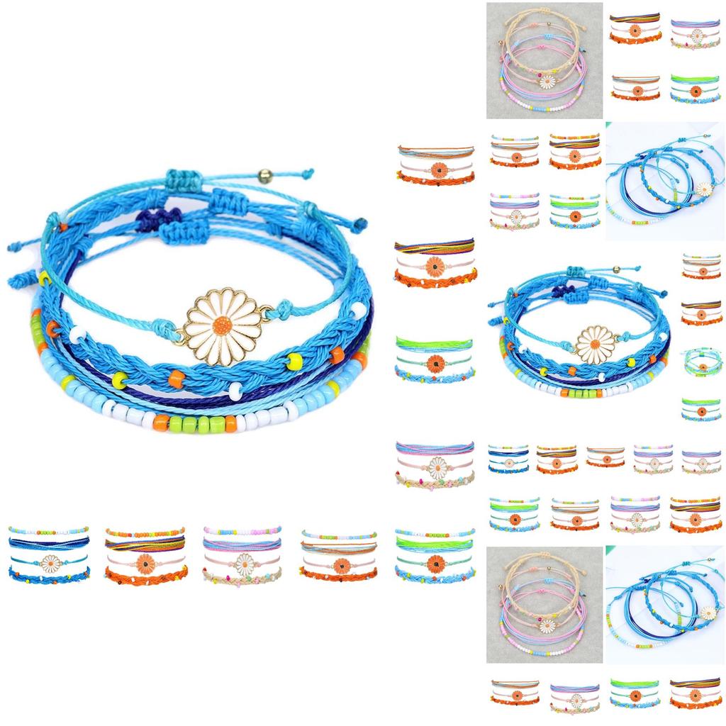New Bohemian Style Waterproof Wax Thread Handwoven Bracelet Set With Alloy Daisy Beads