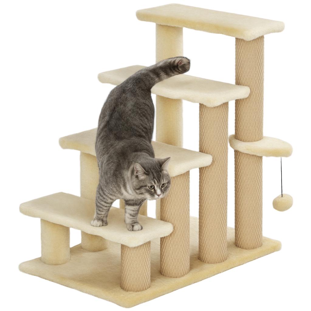 4-step Pet Stairs with Scratching Posts, Platforms, Toy Ball, Beige