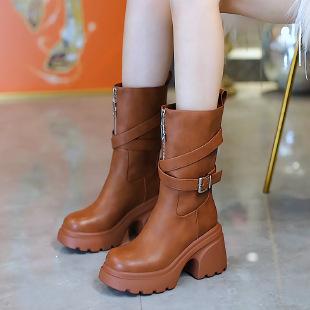 Soft leather thick-soled small thick-heeled short boots women's Martin boots 0000 autumn and winter new high-heeled belt buckle medium boots