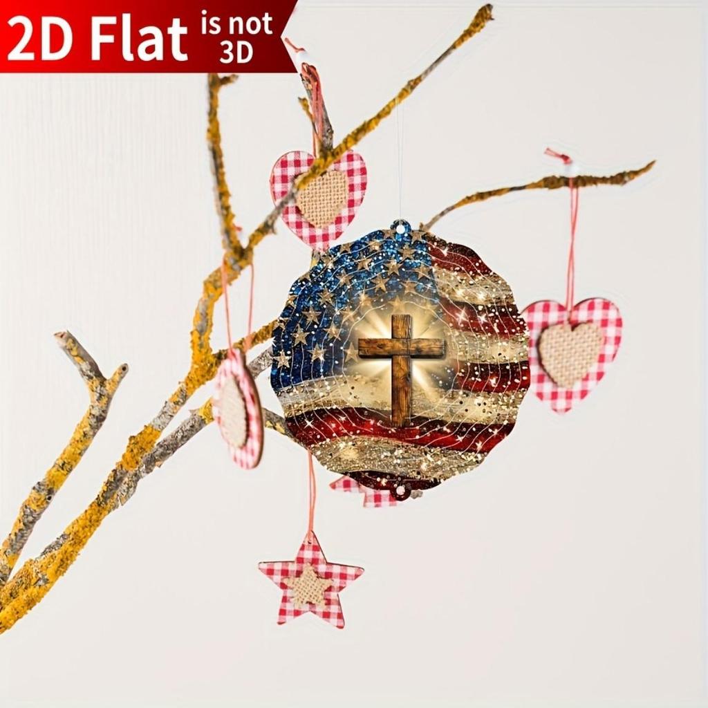 American Flag Wind Spinner 2D Stainless Steel Cross Car Rearview Mirror Decor for Garden Yard Balcony Window Outdoor Decoration