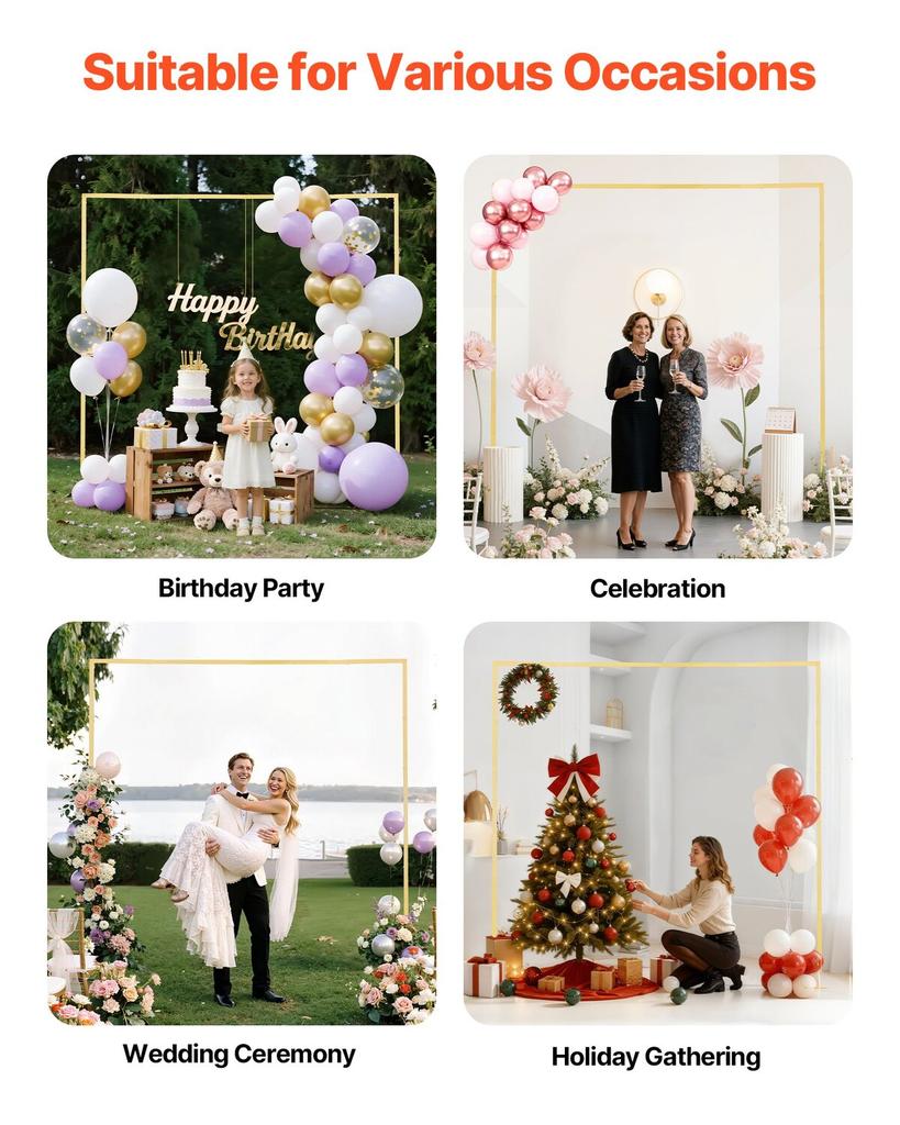 Arch Backdrop Stand, 2.4 x 2.4 m, Stable Structure, Easy Assembly, Square Gold Metal Arch Backdrop Stand for Wedding, Birthday Party, Graduation,