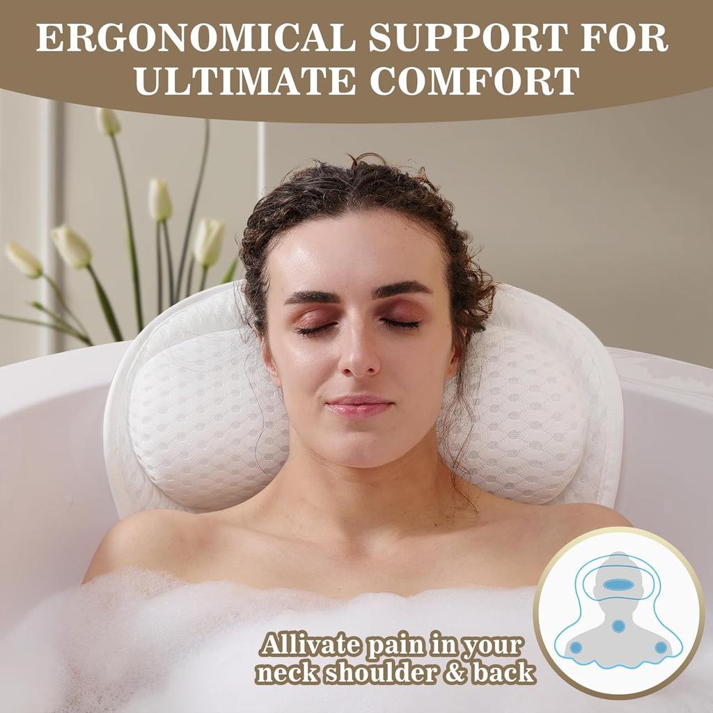 Bath Pillow Luxury Bathtub Pillow, Extra Soft & Comfortable Bath Pillows for Tub Head Neck and Back Support, with 4D Air Mesh Cushions & Non-Slip