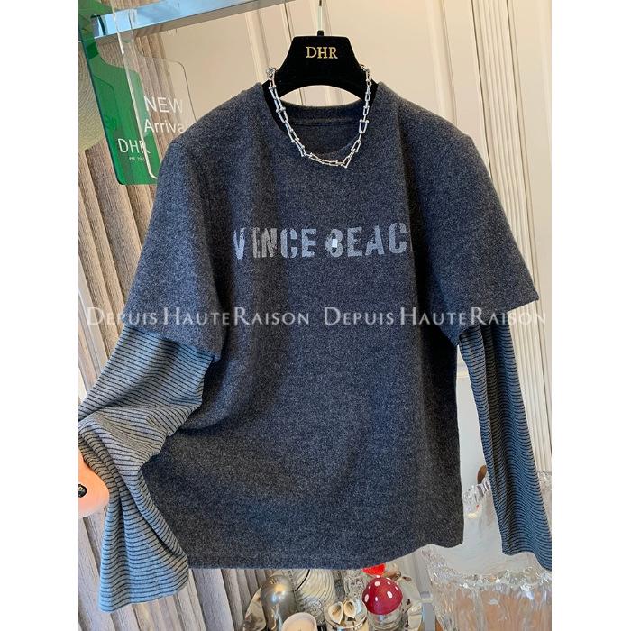 De Rong Plus Size 300 Jin American Letter Striped Faux Two-Piece Versatile Loose T-shirt M серый