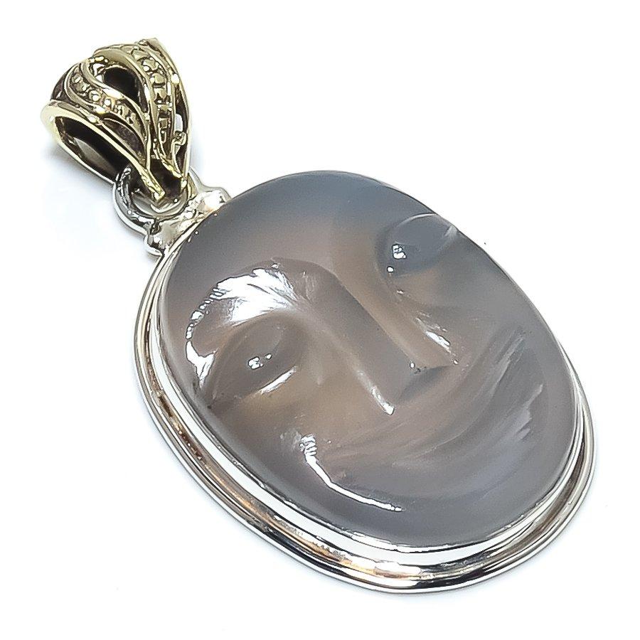 Natural Agate Face Gemstone 925 Sterling Silver Gift Two Tone Pendant 1.65" D6N62