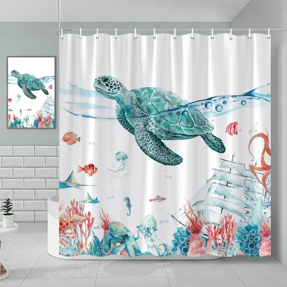

Nautical Green Sea Turtle Beach Theme Fabric Shower Curtain Set Bathroom Blue Ocean Decor With Grommets And Hooks W60H190(CM)-1 Pcs