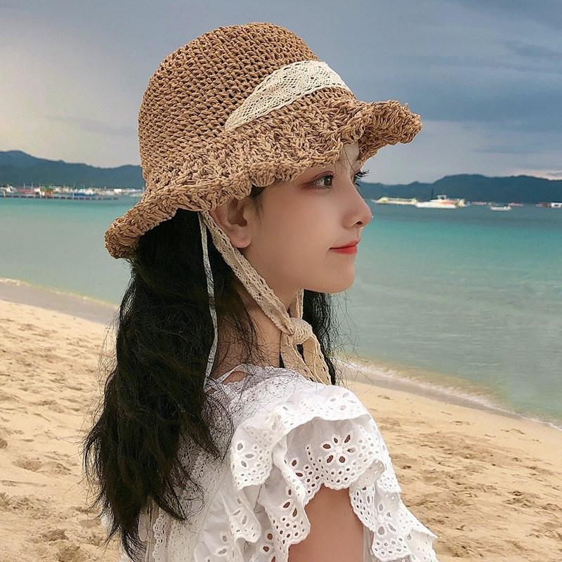 Women Summer Crochet Straw Hat Hollow Out Larger Brim Fashion Lace-UP Bucket UV Protect Foldable Beach Sun Cap