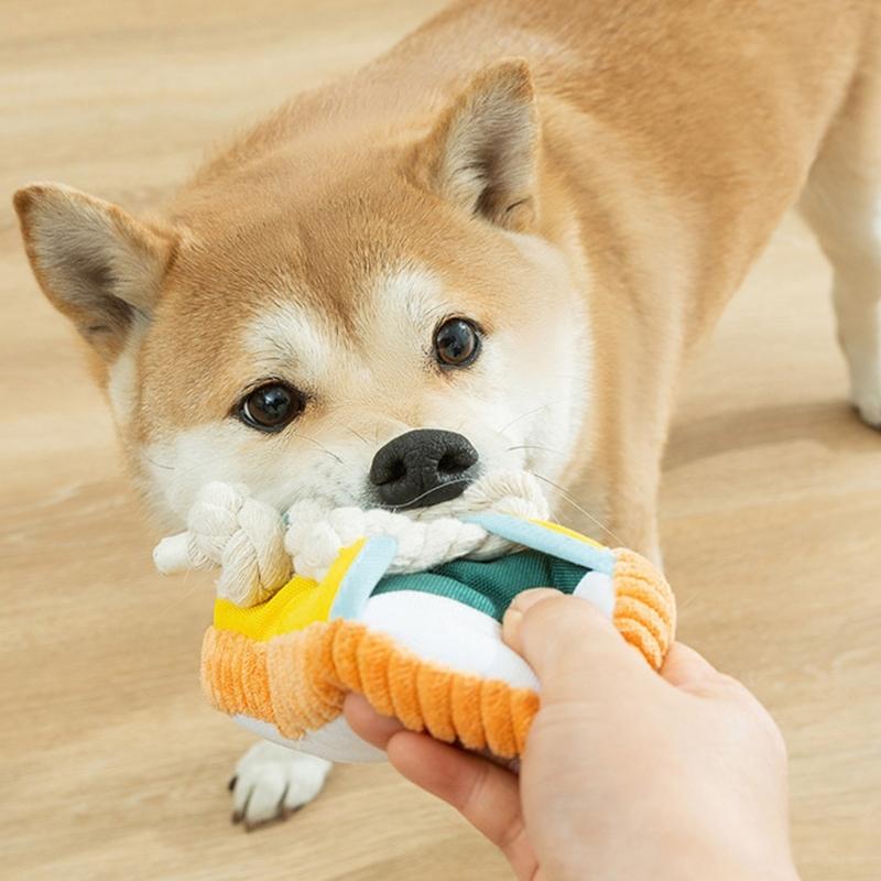 Squeaky Shoe Dog Chew Toy For Various Size Breeds Teething and Chewing Strong Tug War Rope Pet Indoor Activity Toy