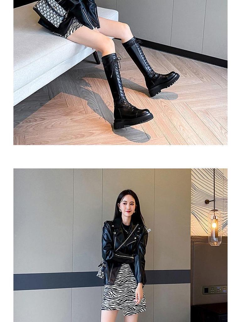 Women's Slimming Knee-High Black Lace-up Riding Boots with Thick Sole 2025