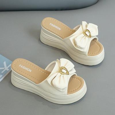 High-heeled Slippers Female Summer Thick-soled Outer Wear Fashion Fairy Wind Slope Heel One-word Drag Versatile Bow Muffin Cool Slippers